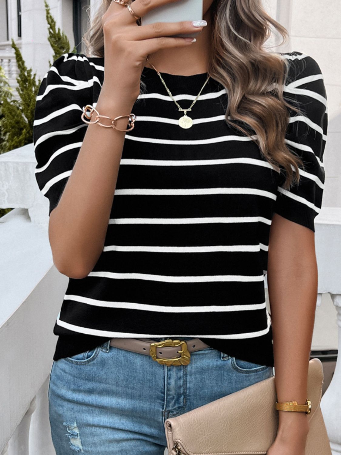 Devine Striped Round Neck Puff Sleeve Knit Top CMP