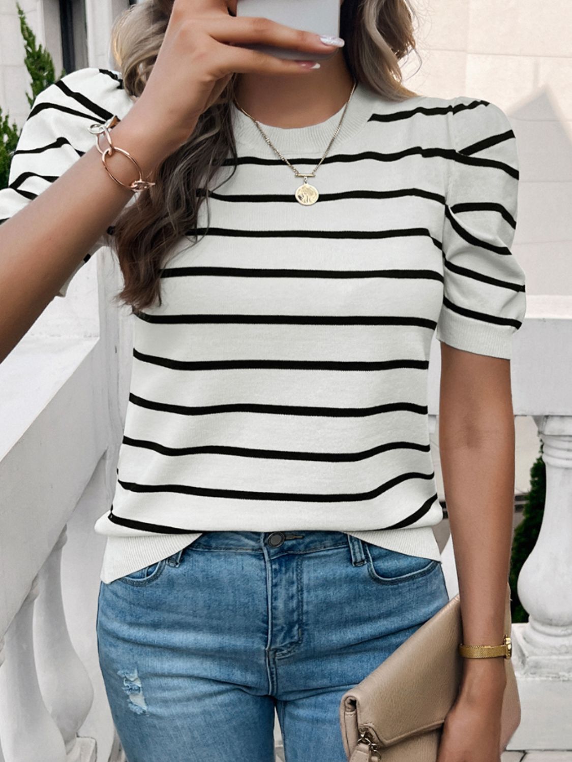 Devine Striped Round Neck Puff Sleeve Knit Top CMP