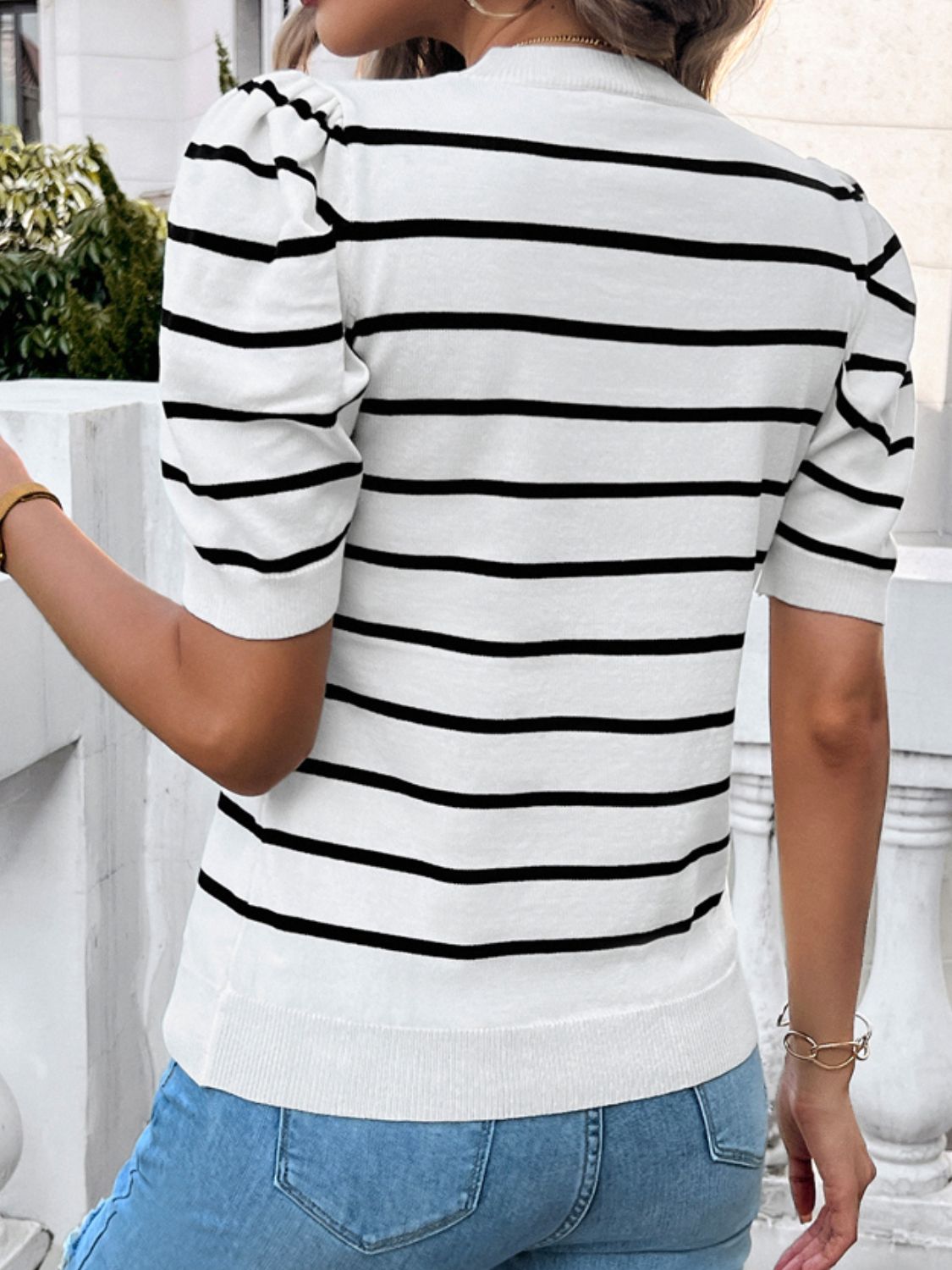 Devine Striped Round Neck Puff Sleeve Knit Top CMP