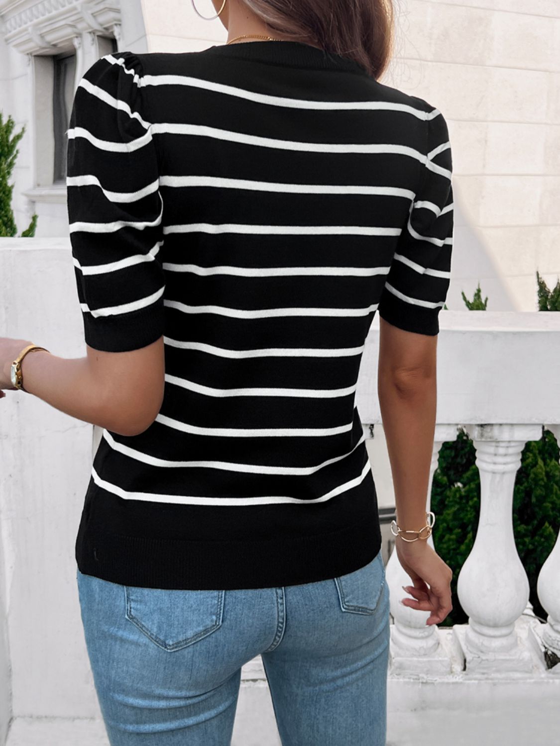 Devine Striped Round Neck Puff Sleeve Knit Top CMP
