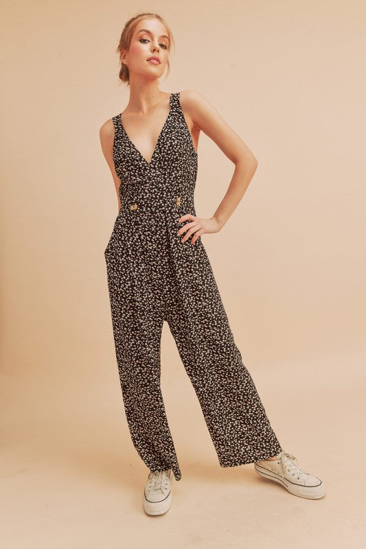 Ditsy Floral Surplice Sleeveless Wide Leg Jumpsuit CMP