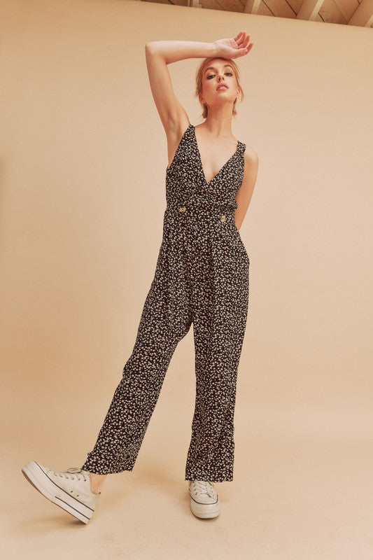 Ditsy Floral Surplice Sleeveless Wide Leg Jumpsuit CMP