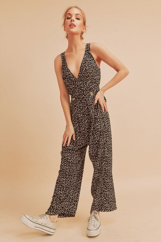 Ditsy Floral Surplice Sleeveless Wide Leg Jumpsuit CMP