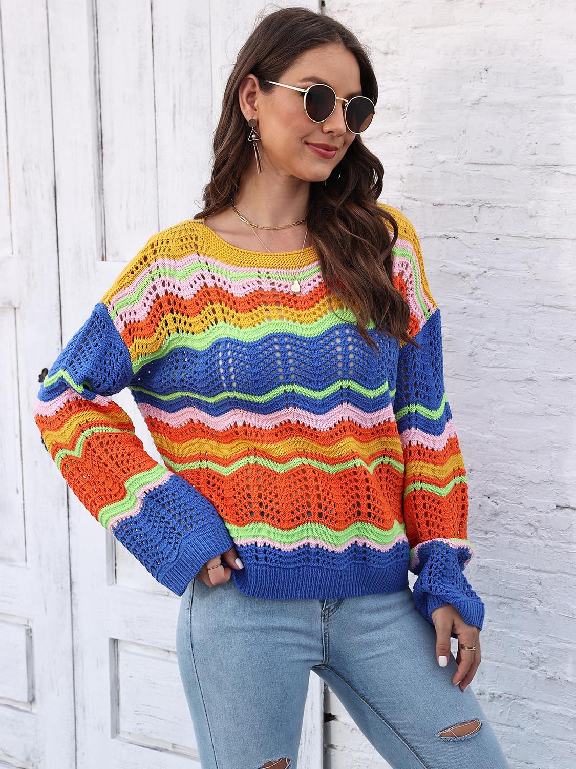 Openwork Round Neck Knit Top CMP