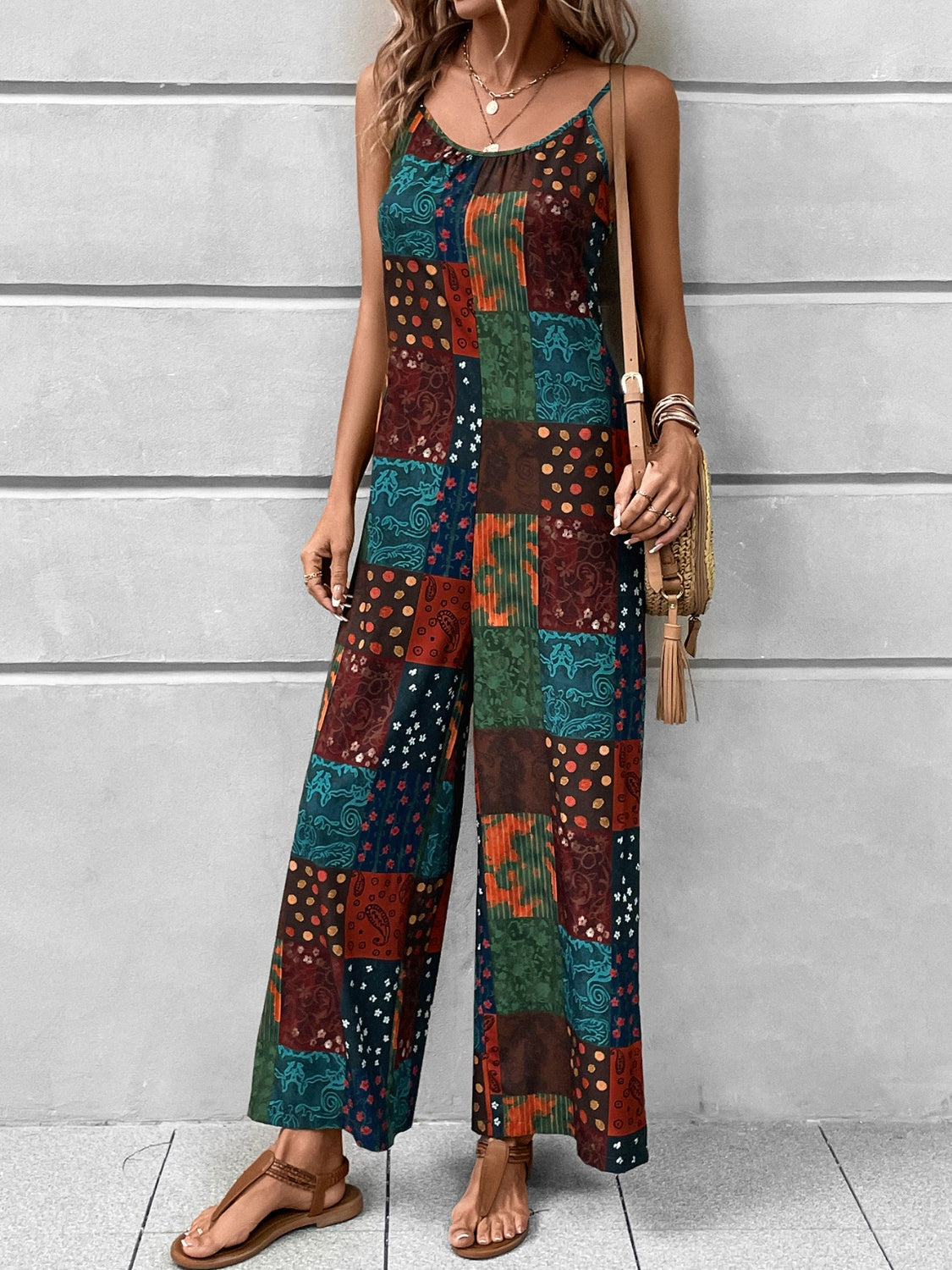 Printed Scoop Neck Spaghetti Strap Jumpsuit CMP