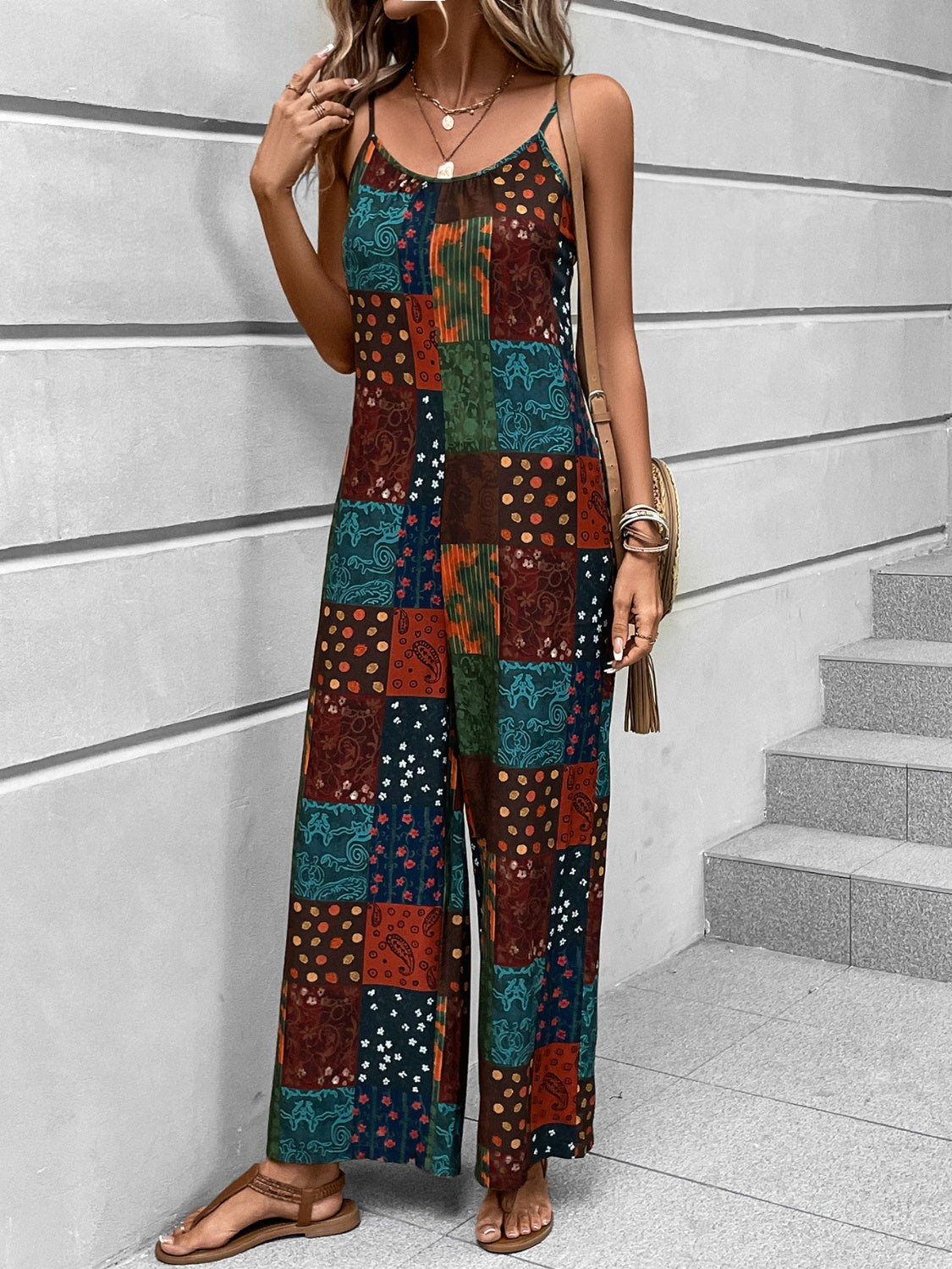 Printed Scoop Neck Spaghetti Strap Jumpsuit CMP