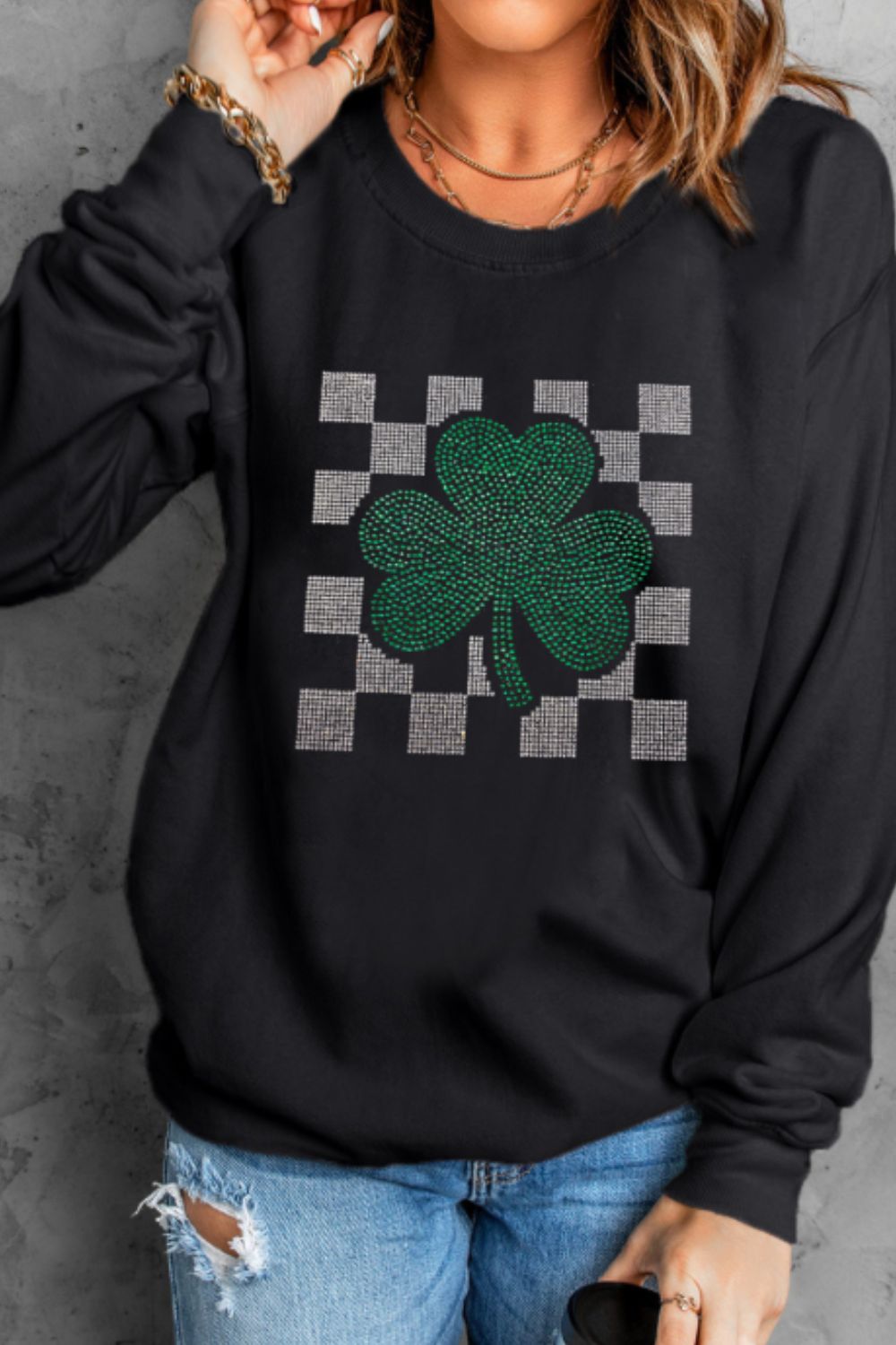 Rhinestone Checkered Lucky Clover Round Neck Sweatshirt CMP