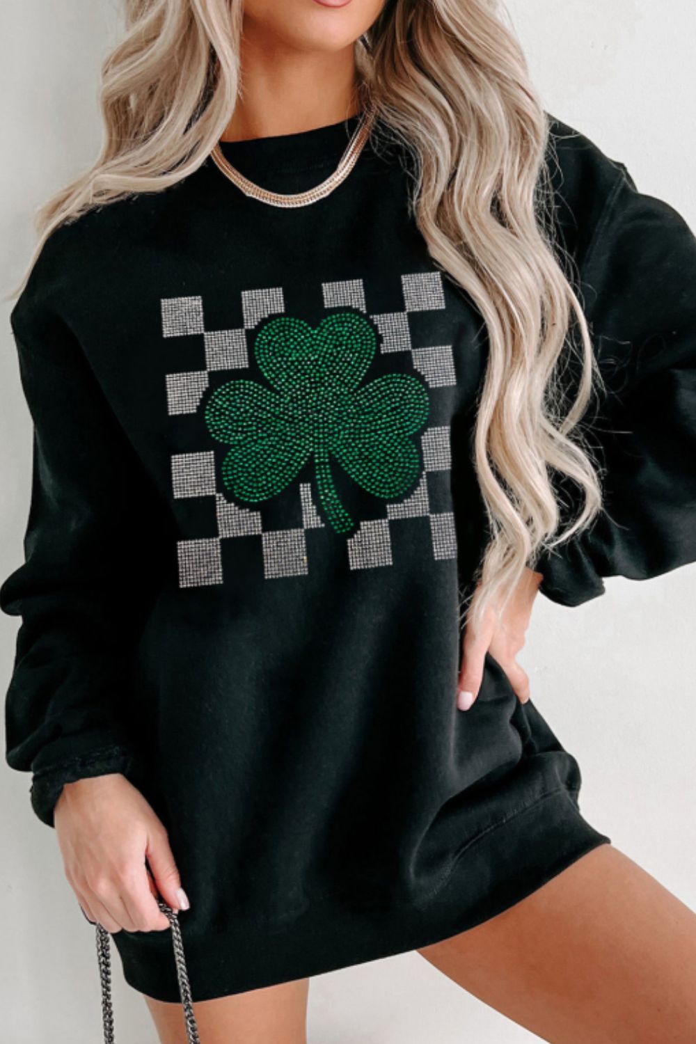 Rhinestone Checkered Lucky Clover Round Neck Sweatshirt CMP