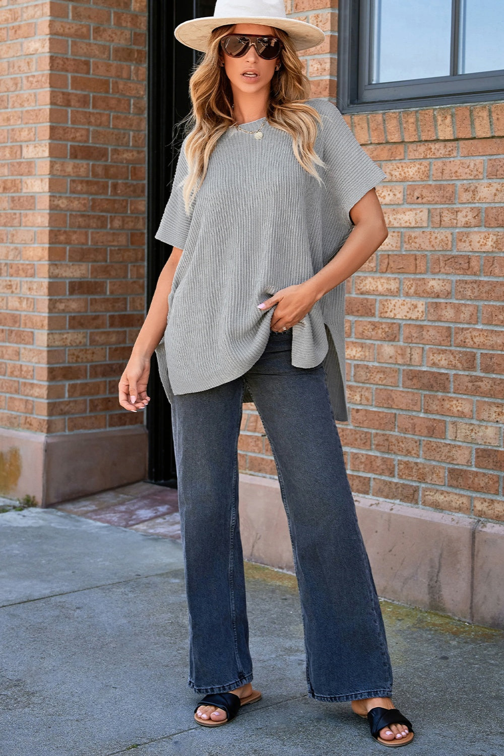 Slit Round Neck Short Sleeve Knit Top CMP
