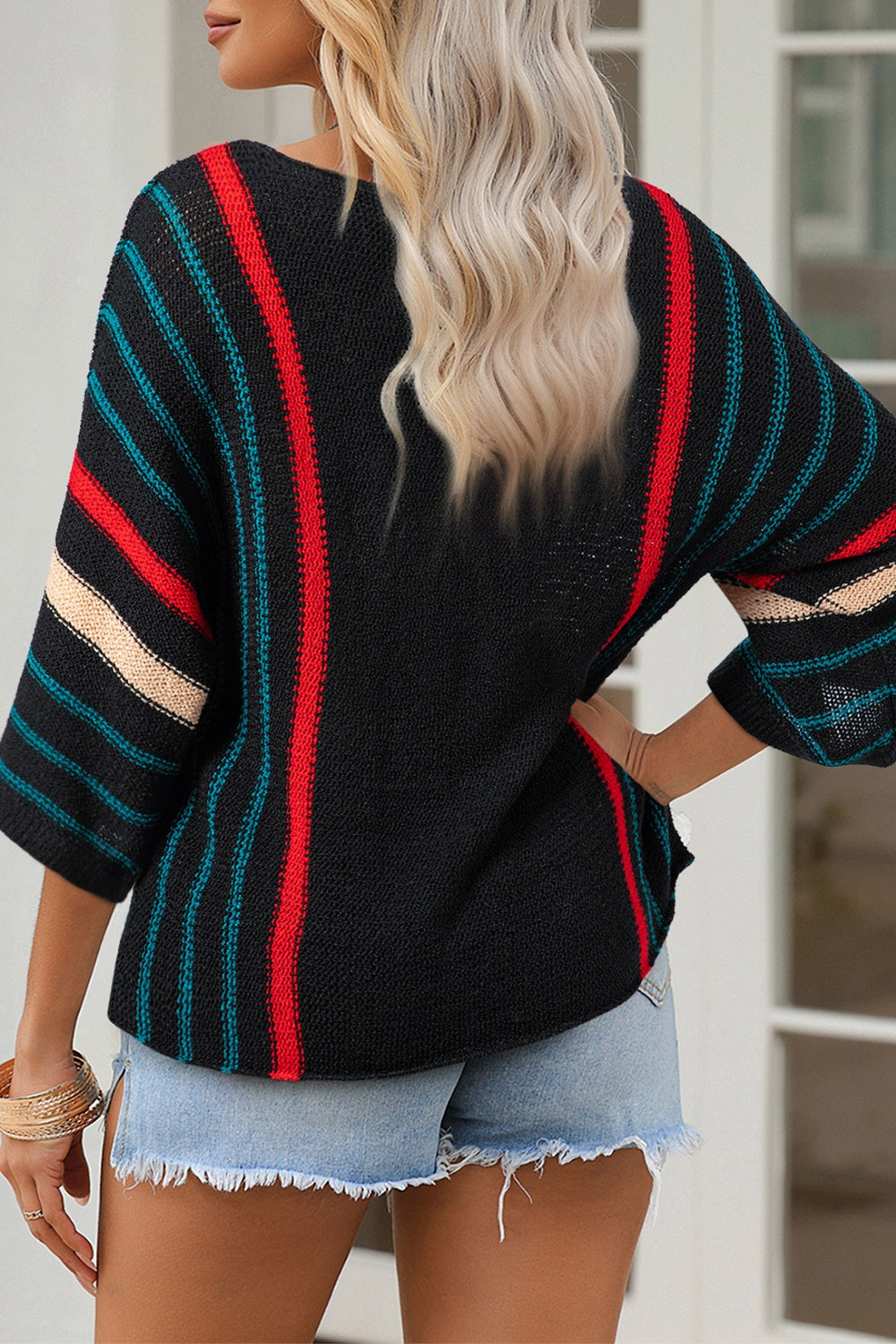 Striped Boat Neck Three-Quarter Sleeve Knit Top CMP
