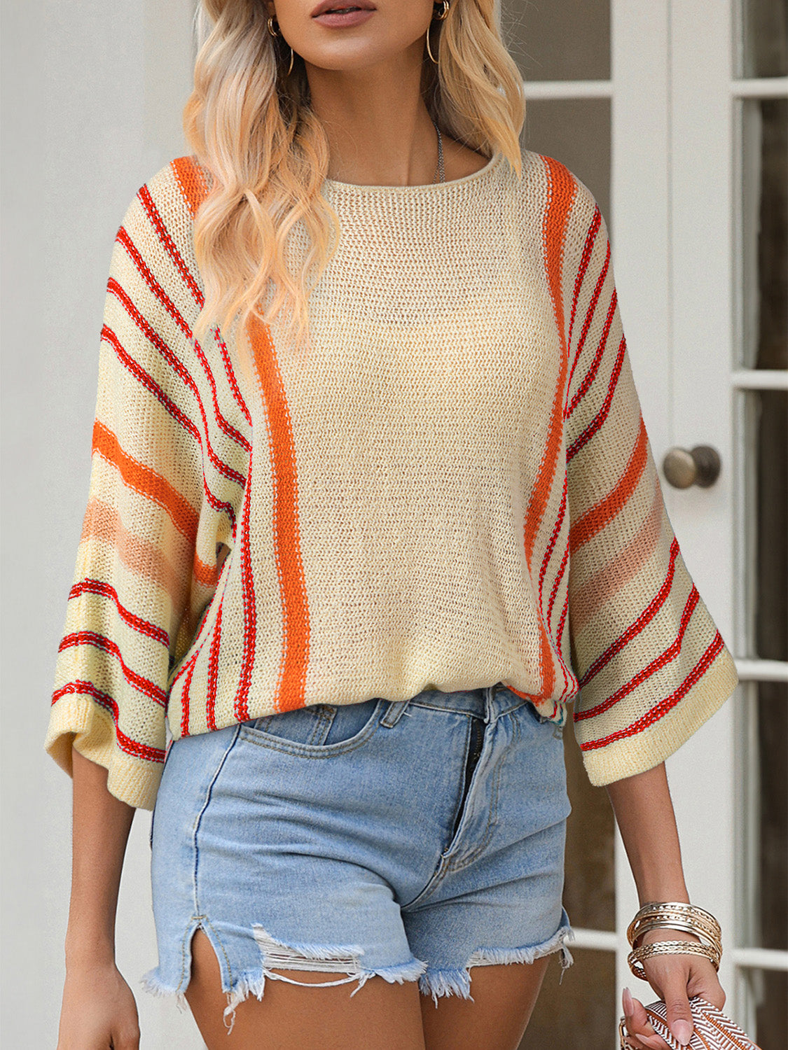 Striped Boat Neck Three-Quarter Sleeve Knit Top CMP