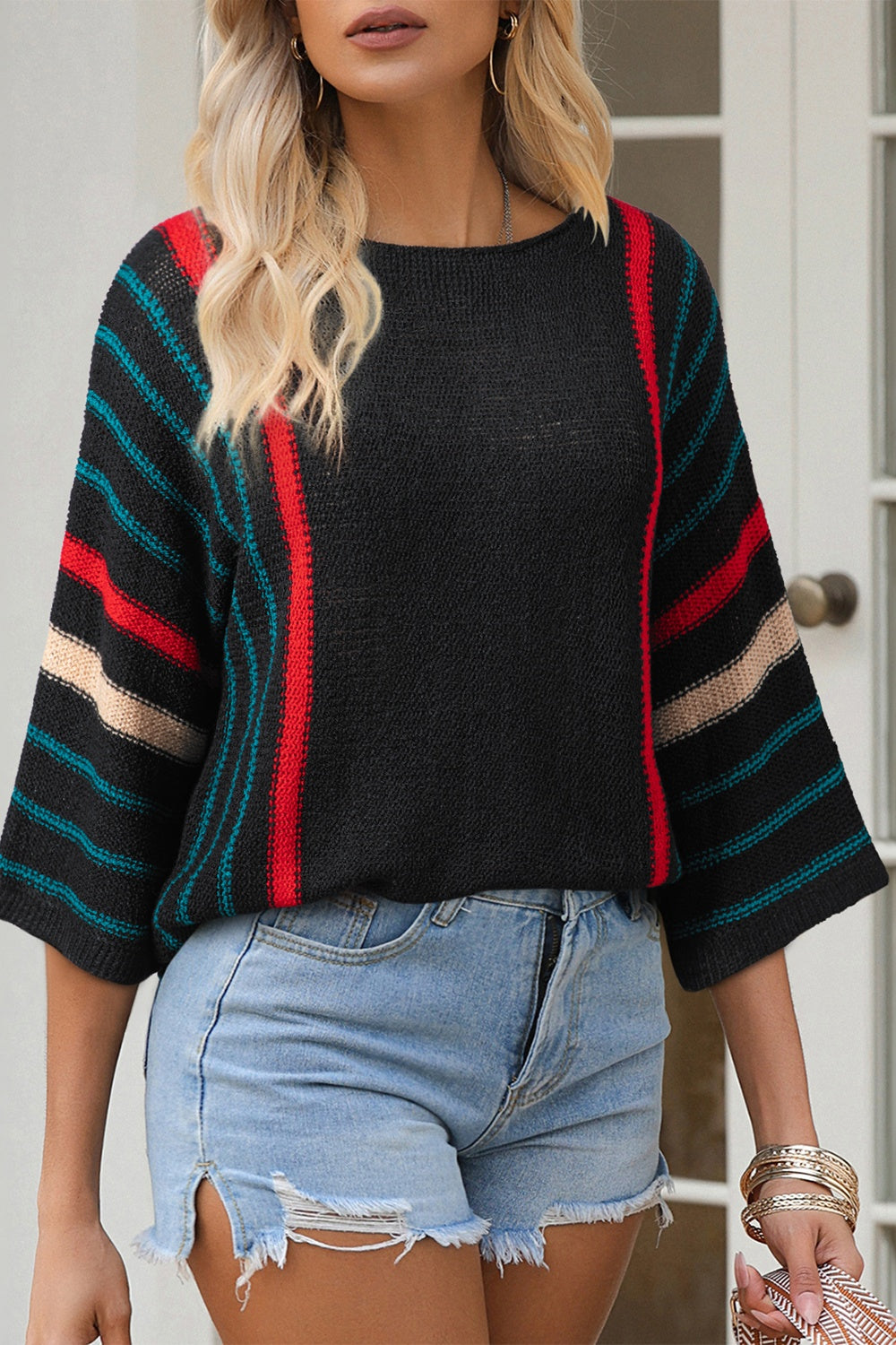 Striped Boat Neck Three-Quarter Sleeve Knit Top CMP