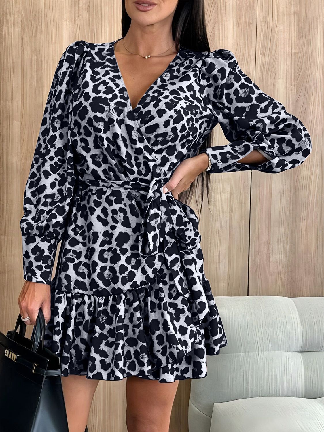 Tied Leopard Surplice Long Sleeve Dress CMP