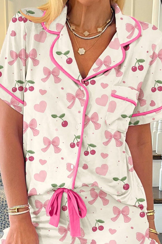 Cherry Printed Button Up Short Sleeve Top and Shorts Lounge Set CMP