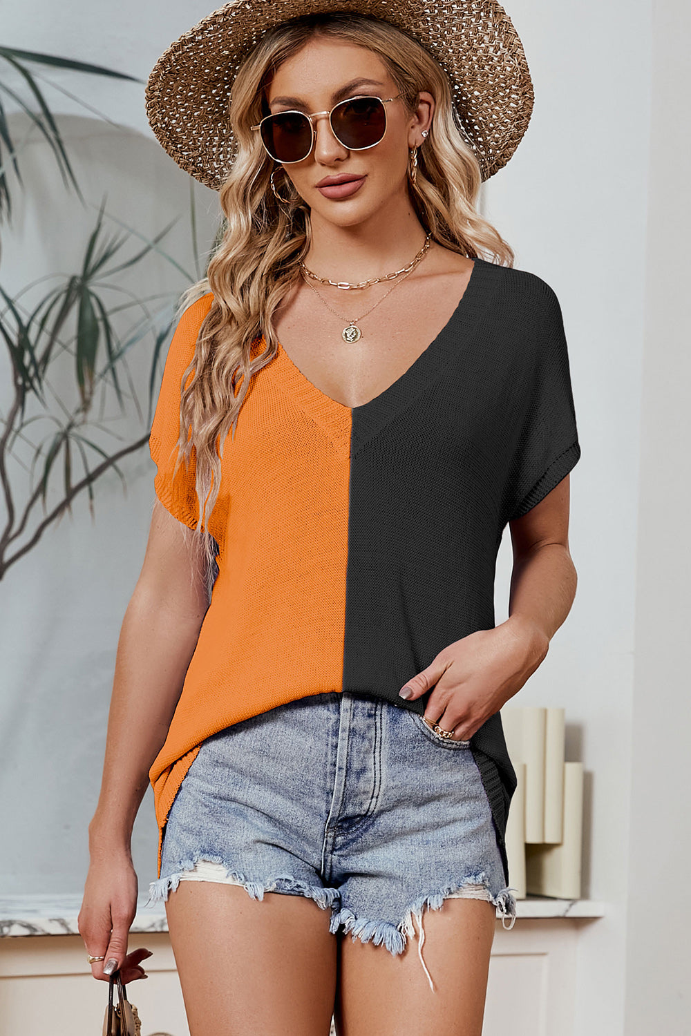 Color Block V-Neck Short Sleeve Knit Top CMP