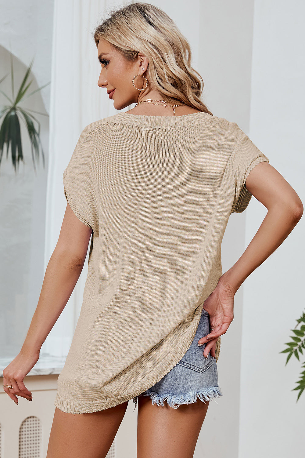 Color Block V-Neck Short Sleeve Knit Top CMP