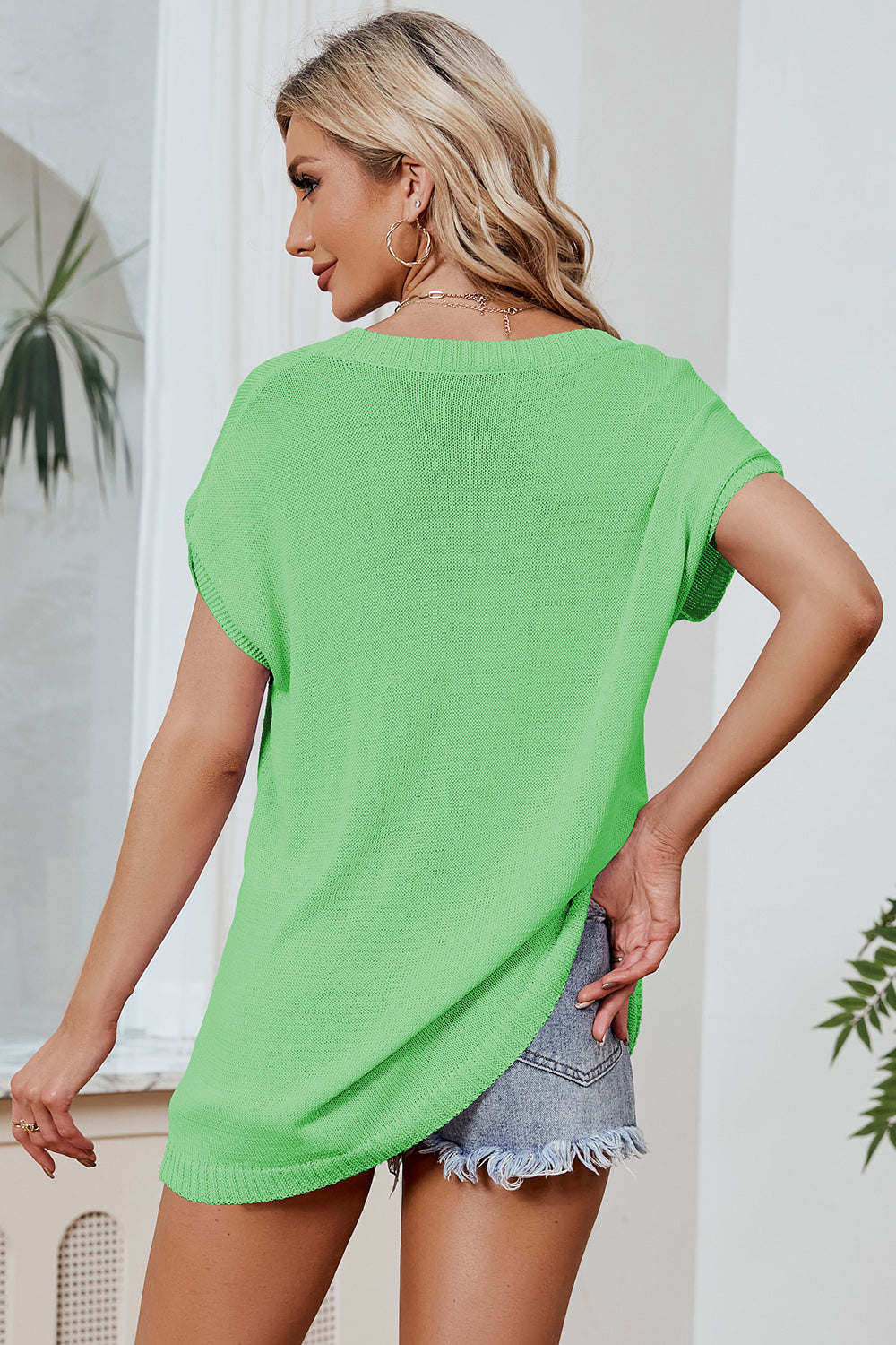 Color Block V-Neck Short Sleeve Knit Top CMP
