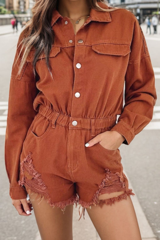 Distressed Raw Hem Snap Down Romper CMP