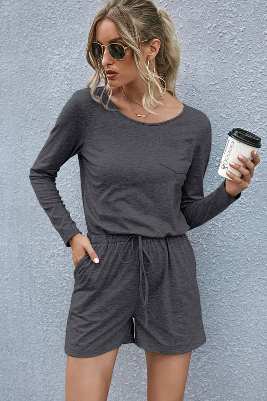 Drawstring Waist Long Sleeve Romper CMP