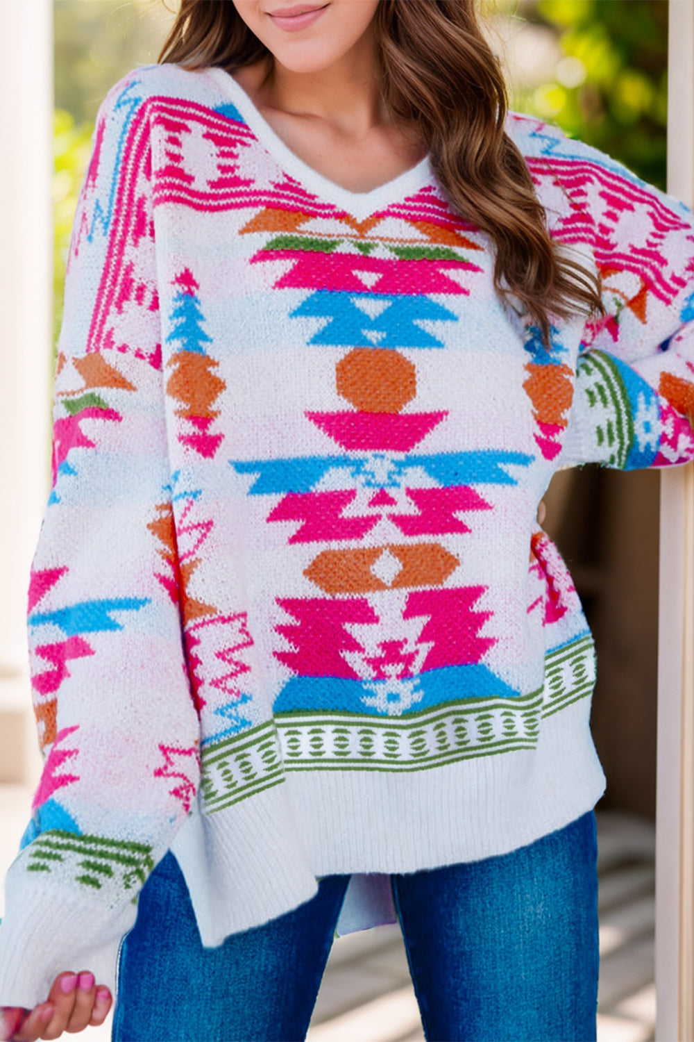 Geometric V-Neck Long Sleeve Sweater CMP