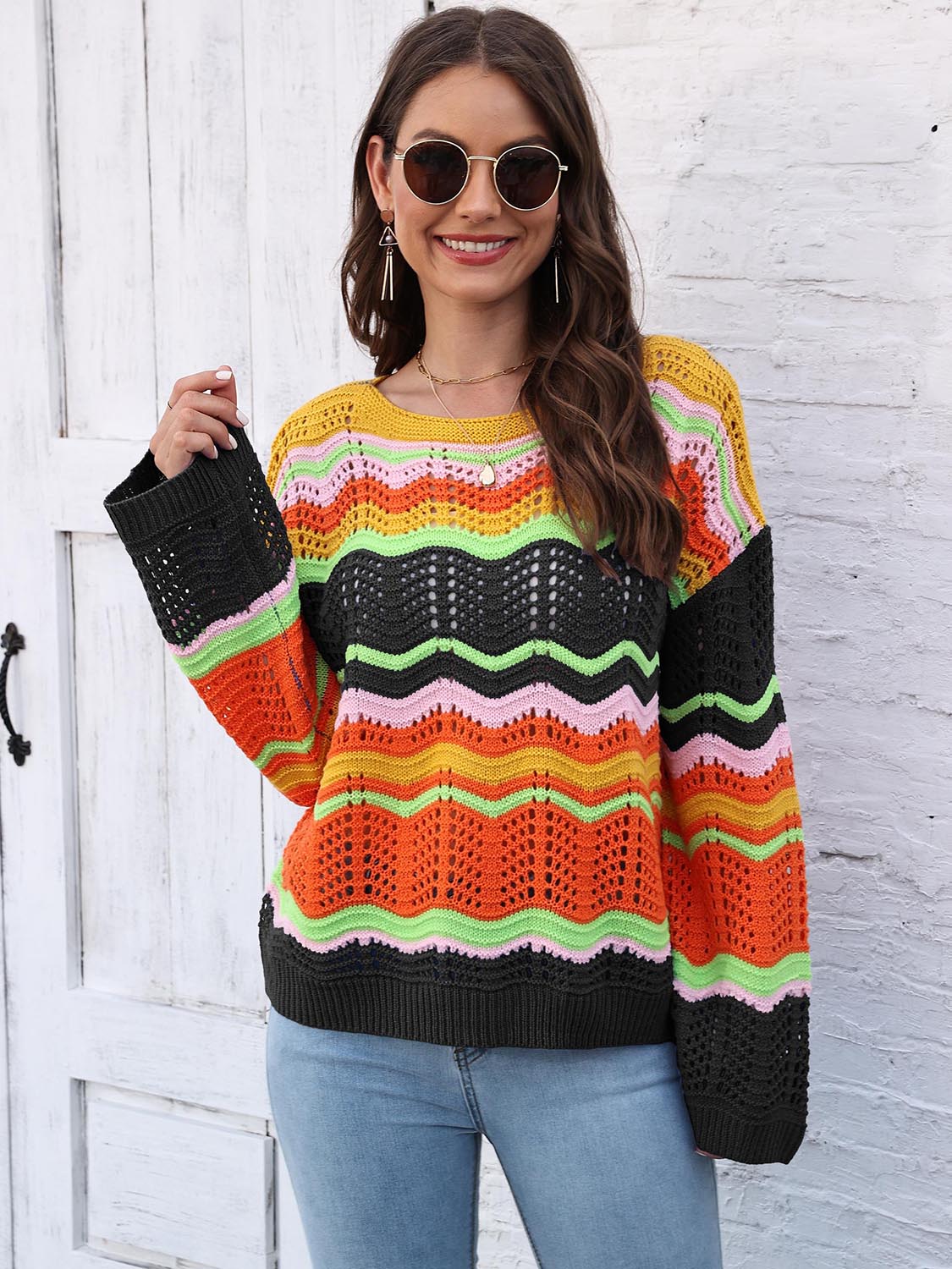 Openwork Round Neck Knit Top CMP