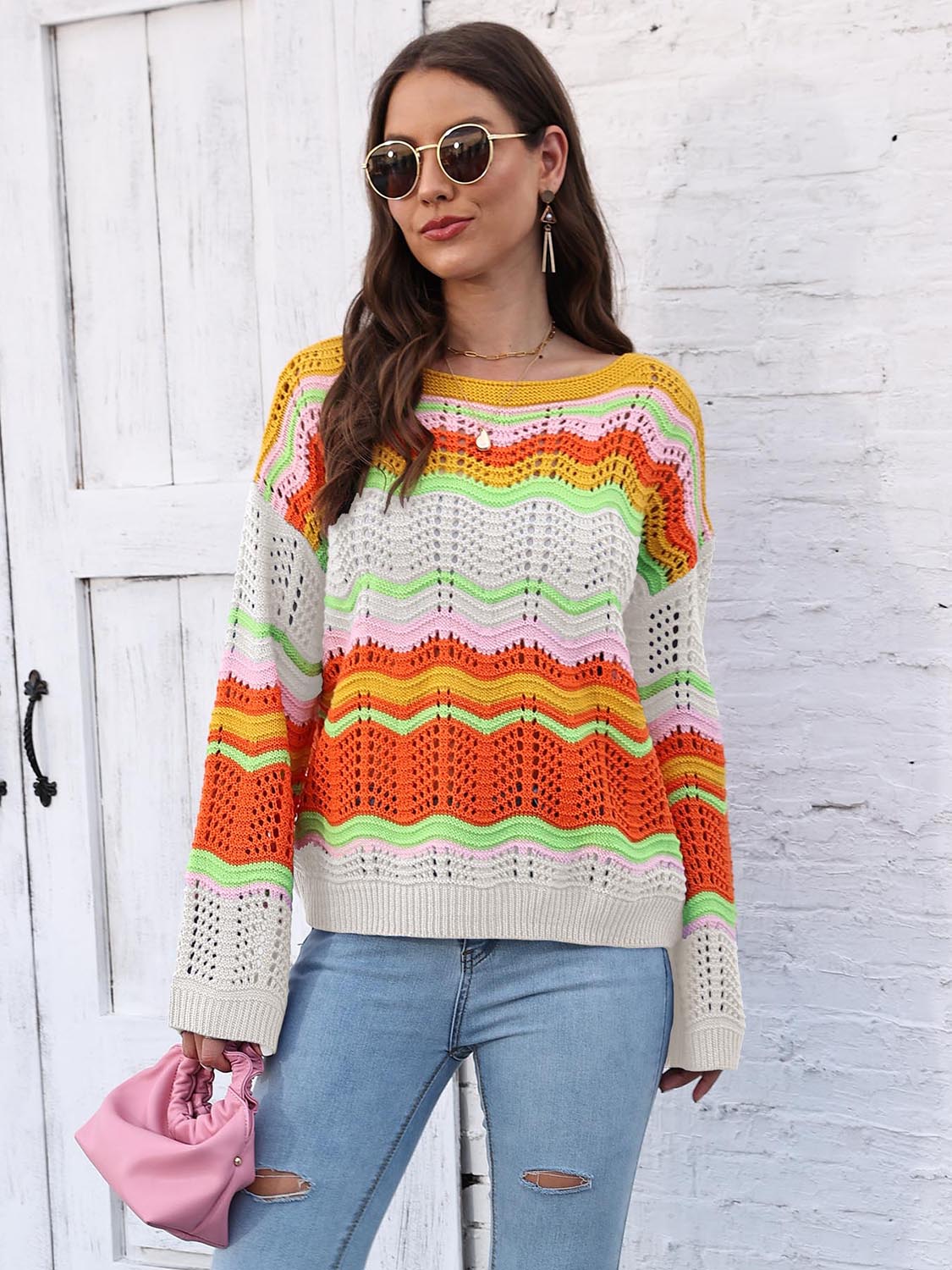 Openwork Round Neck Knit Top CMP