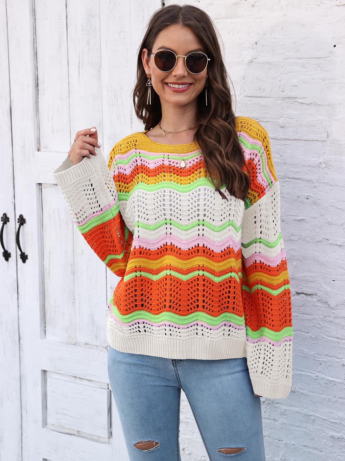 Openwork Round Neck Knit Top CMP