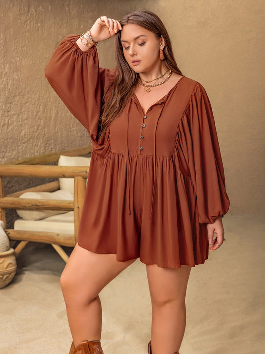Plus Size Ruched Tie Neck Balloon Sleeve Romper CMP