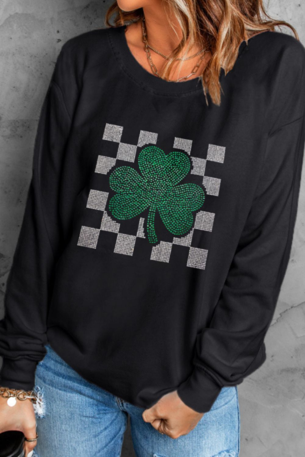 Rhinestone Checkered Lucky Clover Round Neck Sweatshirt CMP
