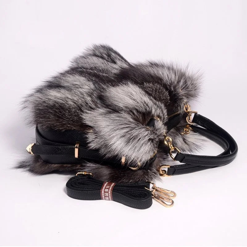 Leather Chain Handled Fox Fur Handbags