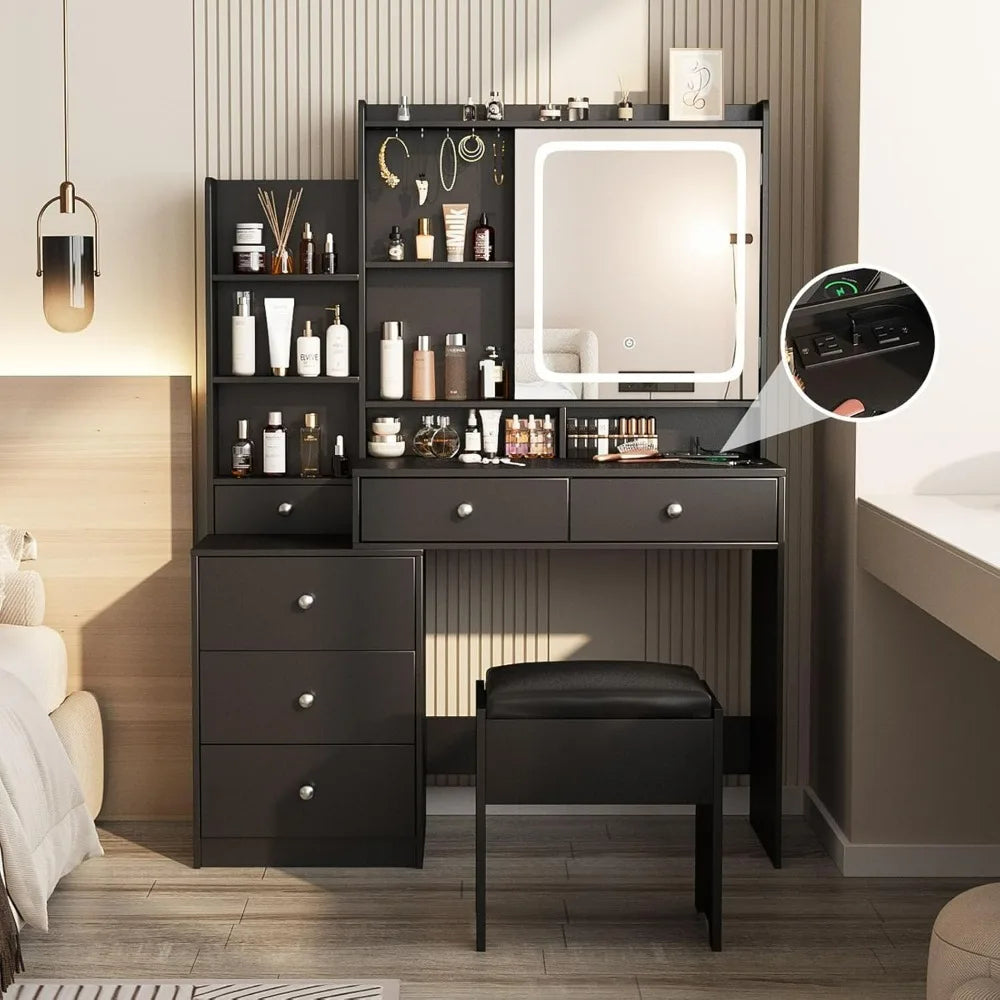 Black Vanity Set with 6 Drawers and Shelves, Vanity Mirror-3 Adjustable Light Settings