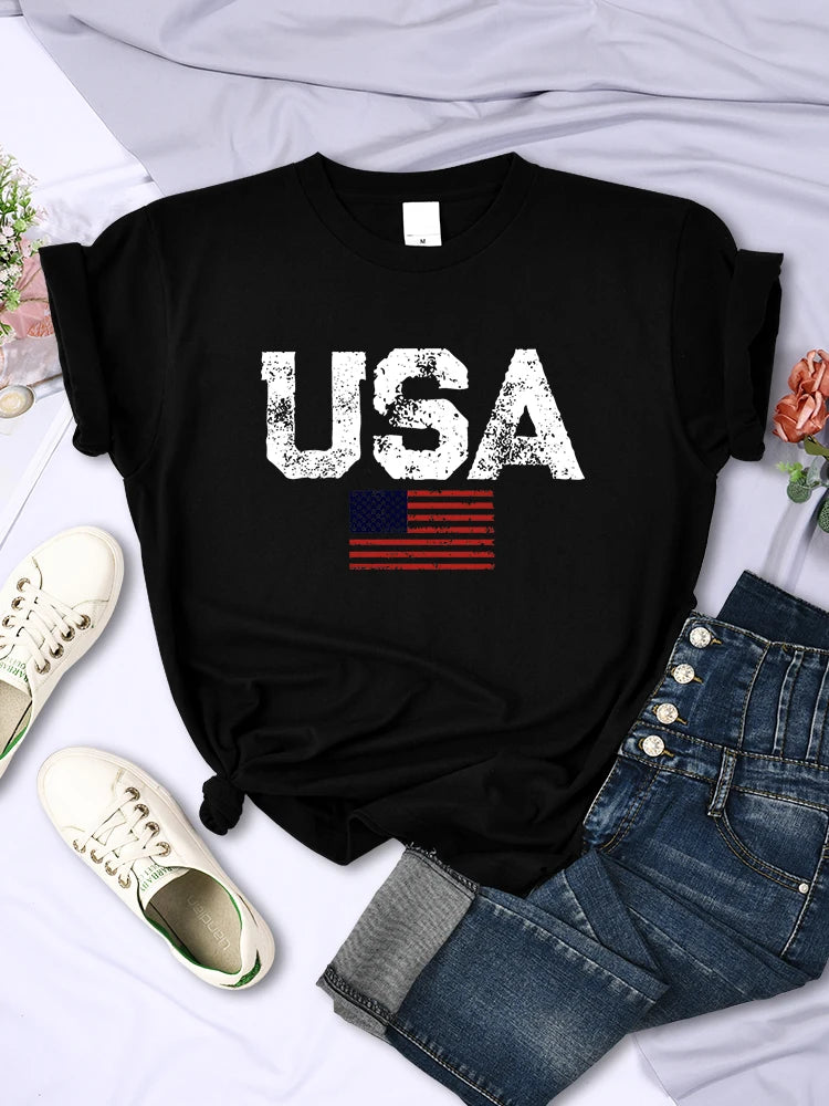 USA Letters American Flag Stars and Stripes Printed T-Shirt