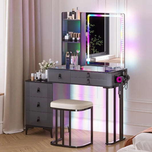 Makeup Vanity with Mirror and Lights-Wireless Charging Station,Stool,Glass Top,3-Tier Shelf,6 Drawers