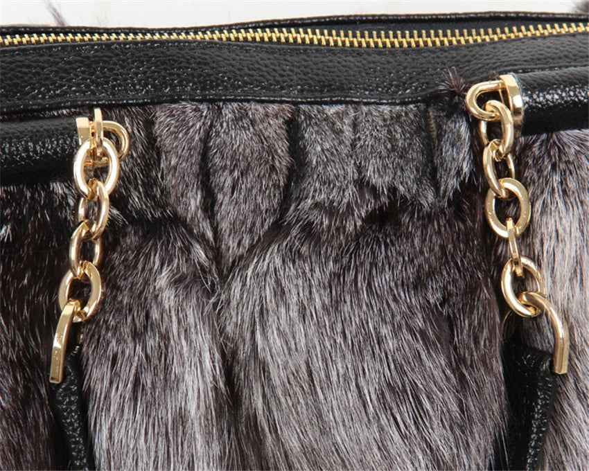 Leather Chain Handled Fox Fur Handbags