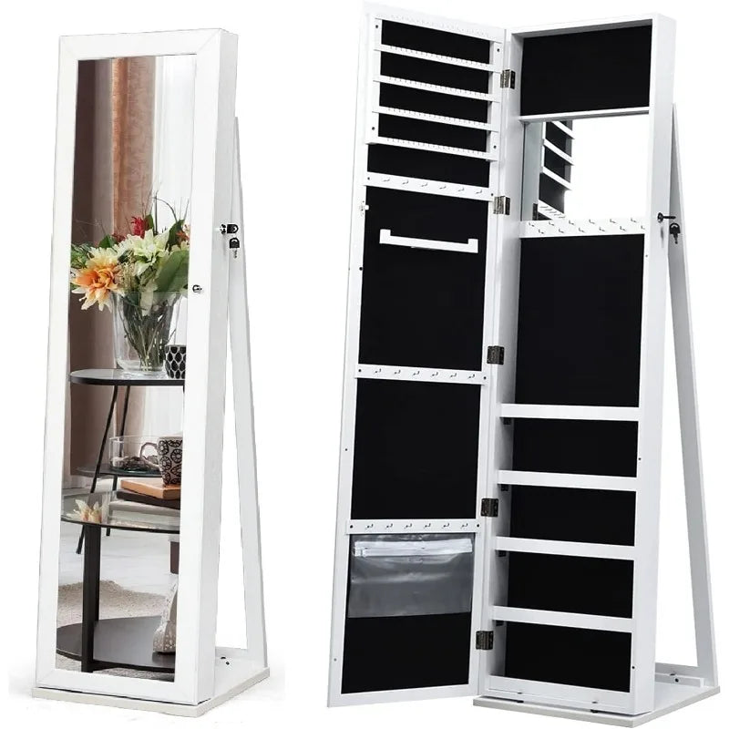 Large Capacity Jewelry Organizer w/Full-Length Mirror & Rear Storage Shelves