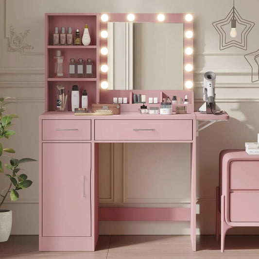 Pink Vanity Desk with Drawers & Mirror with Lights