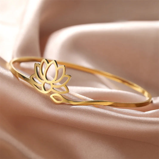 Lotus Flower Adjustable Open Cuff Bangle