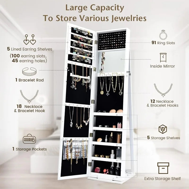 Large Capacity Jewelry Organizer w/Full-Length Mirror & Rear Storage Shelves