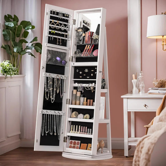 360° Swivel Mirror Jewelry Cabinet with Lights and Shelves