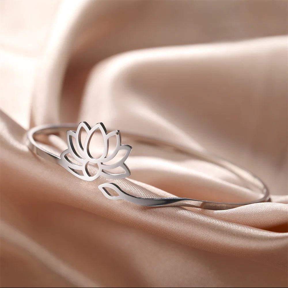 Lotus Flower Adjustable Open Cuff Bangle