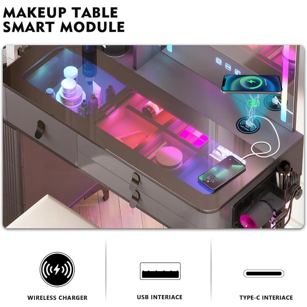 Makeup Vanity with Mirror and Lights-Wireless Charging Station,Stool,Glass Top,3-Tier Shelf,6 Drawers