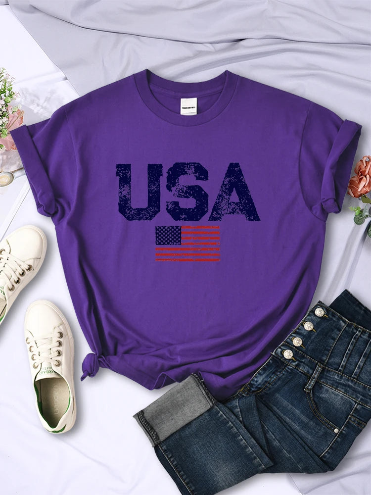 USA Letters American Flag Stars and Stripes Printed T-Shirt