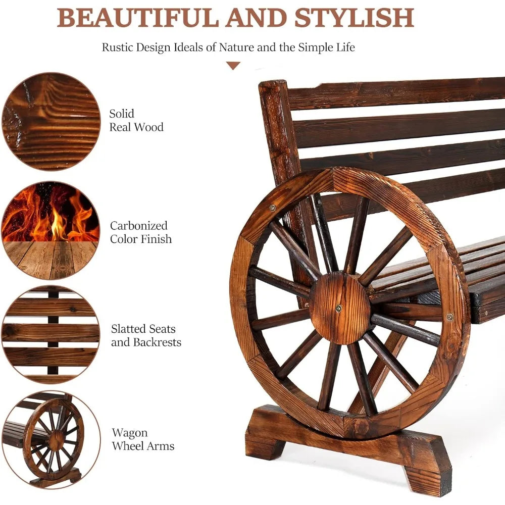 Rustic Wooden Bench with Wagon Wheel Arms