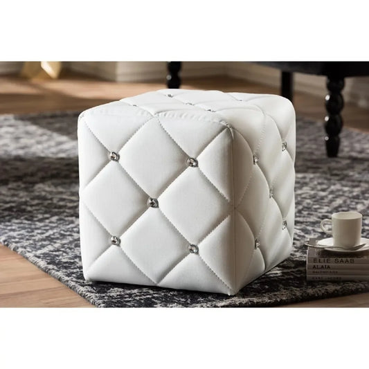 Square White Faux Leather Upholstered Ottoman