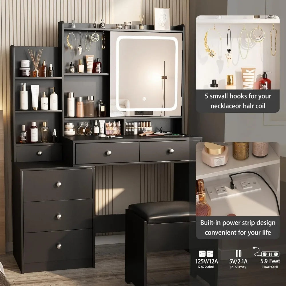 Black Vanity Set with 6 Drawers and Shelves, Vanity Mirror-3 Adjustable Light Settings