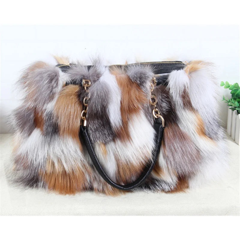 Leather Chain Handled Fox Fur Handbags