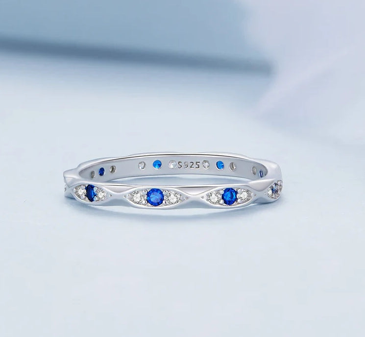 Sterling Silver Evil Eye Ring with Blue Zircons