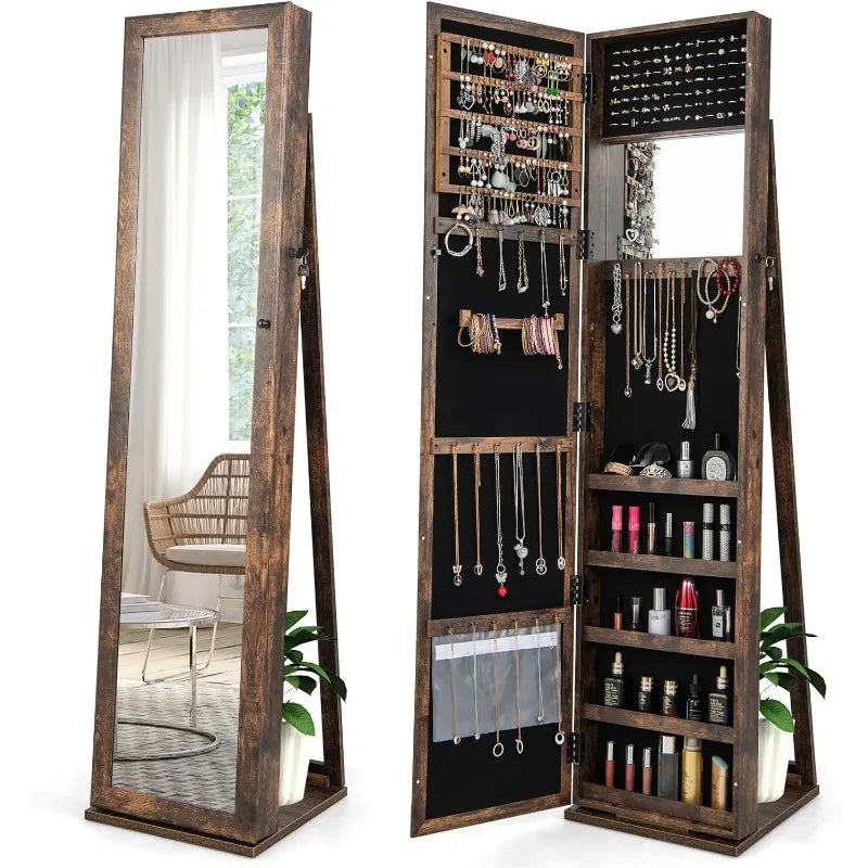 Large Capacity Jewelry Organizer w/Full-Length Mirror & Rear Storage Shelves