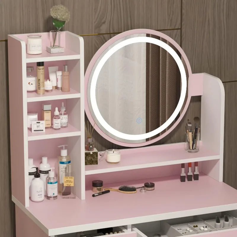 Vanity Desk Set with LED Lighted Round Mirror-5 Drawers,Storage Shelves & Cushioned Stool