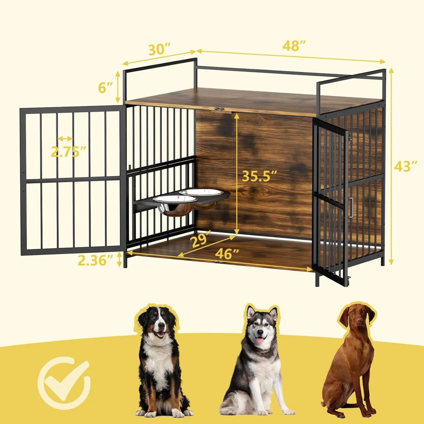 Large Dog Crate with 360° & Adjustable Raised Feeder